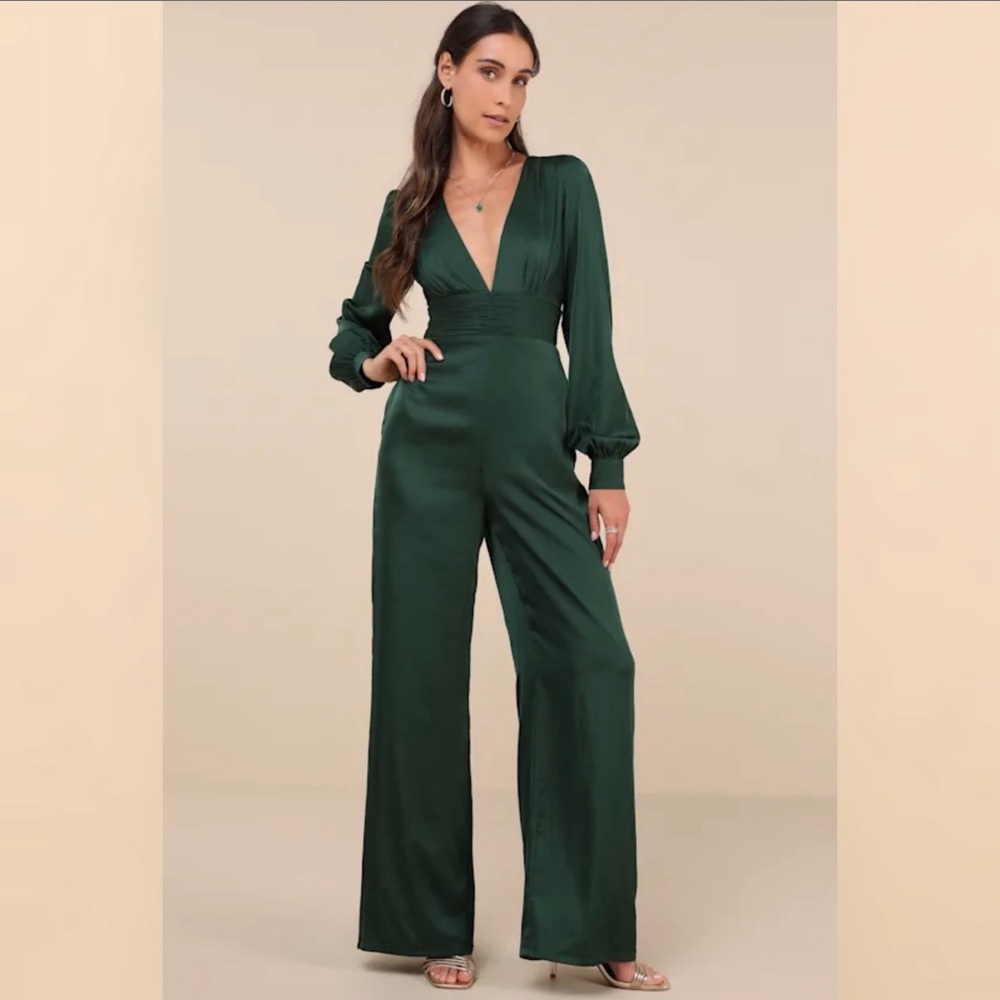 New Lulus Holiday Party Green Satin Long Sleeve Wide Leg Jumpsuit Large